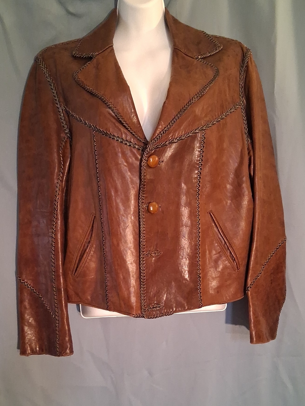 Women's Brown Leather Button-Front Jacket with Whipstitch Detail